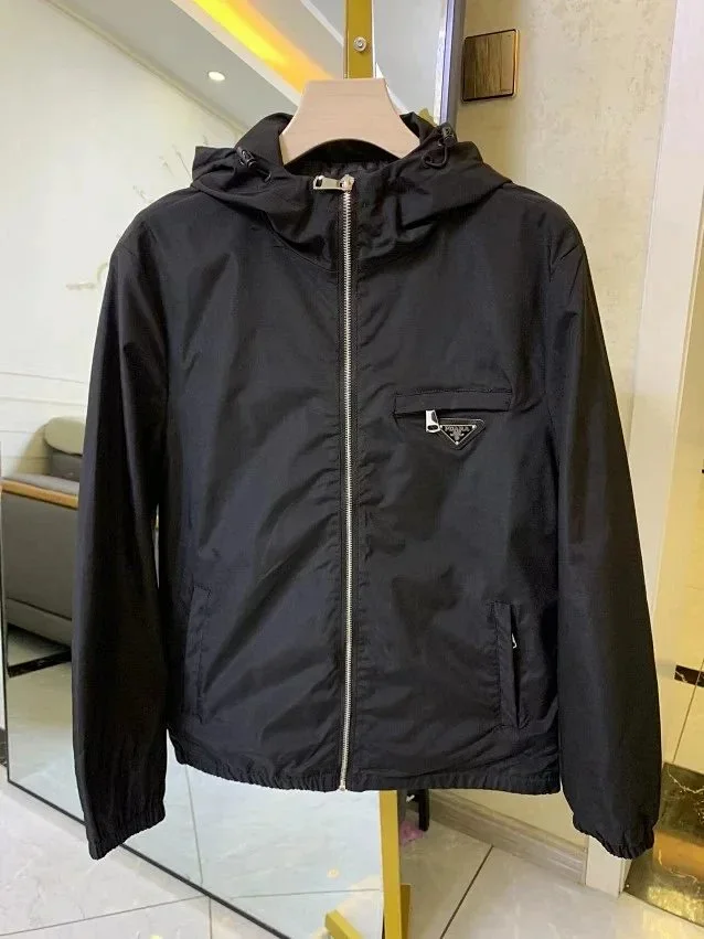 Prada Jackets Hooded zip-up windbreaker with triangle chest plaque product detail image 1
