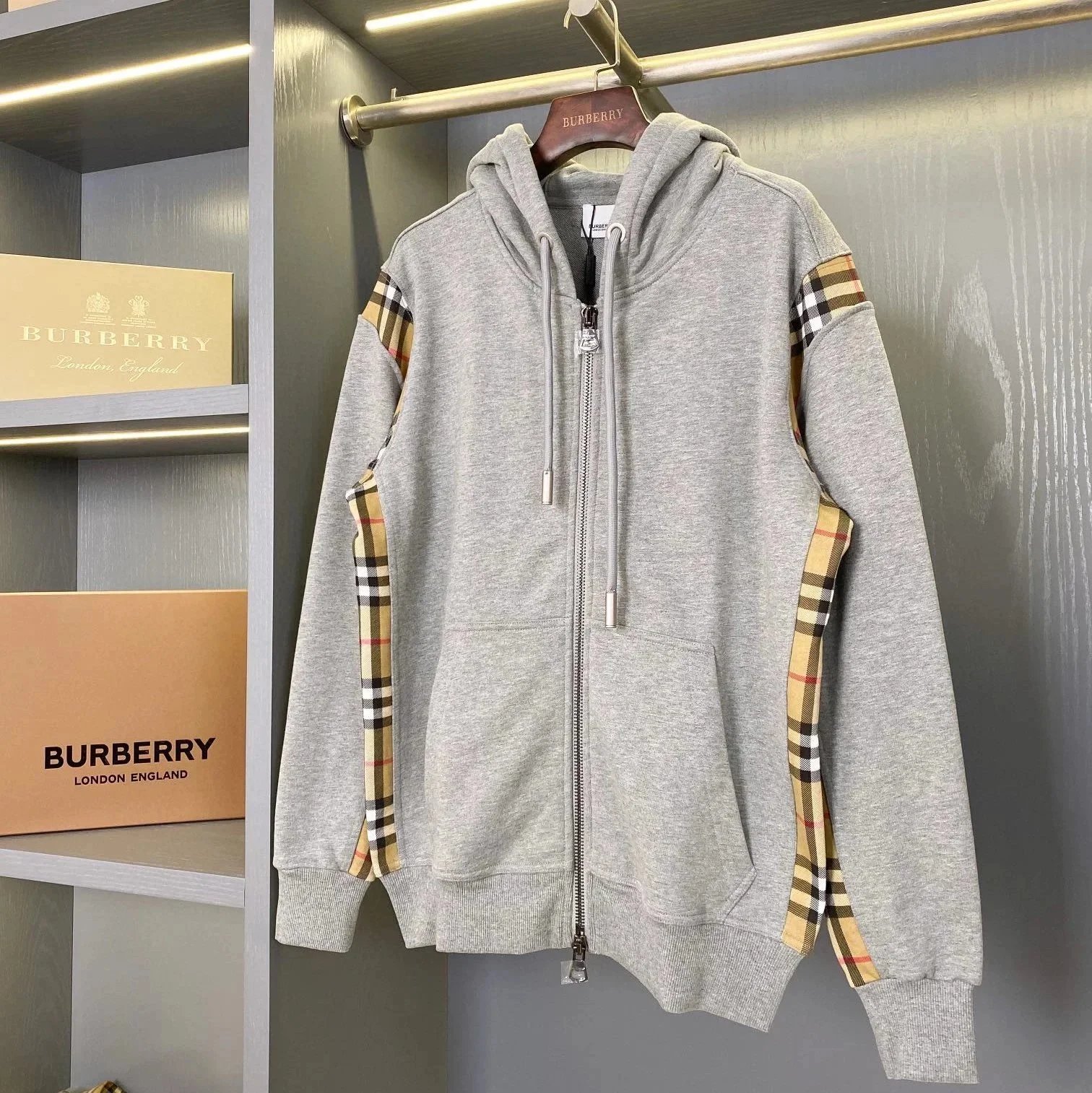 Burberry Hoodies & Sweatshirts Zip-Up Hoodie with Check Panels — gray