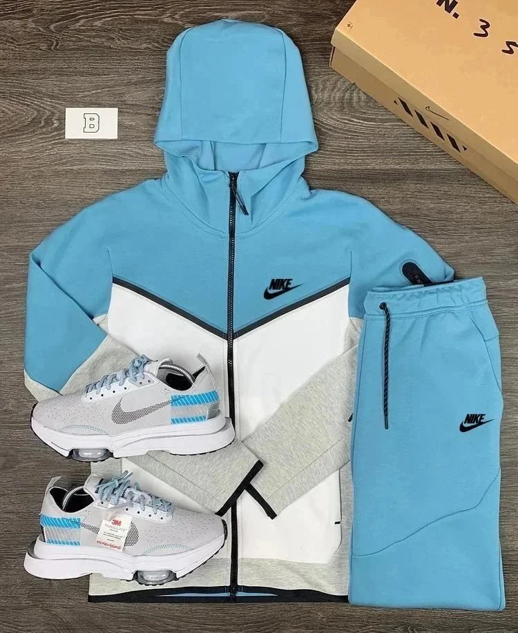 Nike Tracksuits Hooded Zip Jacket and Jogger Set — White Spell Light Blue-Black Label
