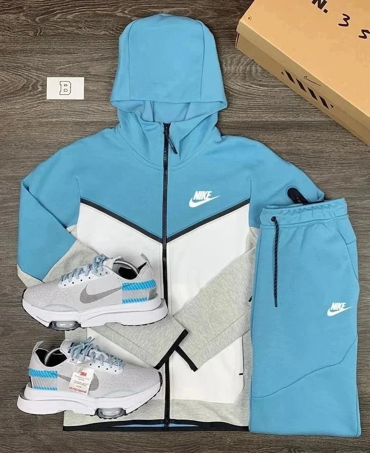 Nike Tracksuits Hooded Zip Jacket and Jogger Set — White Spell Light Blue-White Label