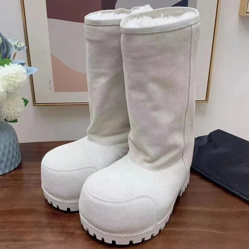 Unbranded Boots Faux Fur-Lined Mid-Calf Lug Sole — rice white tall plush