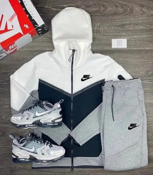 Nike Tracksuits Hooded Zip Jacket and Jogger Set — White with Black-Black Label
