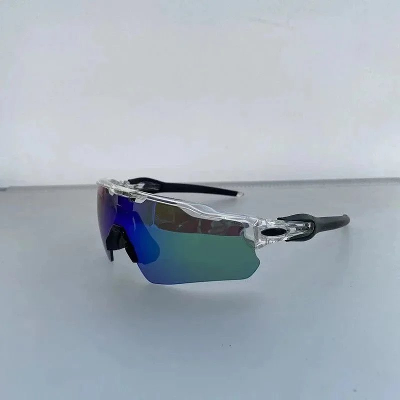 Unbranded Eyewear Wraparound shield sports sunglasses — Transparent frame, black logo, black foot sleeves, green lenses