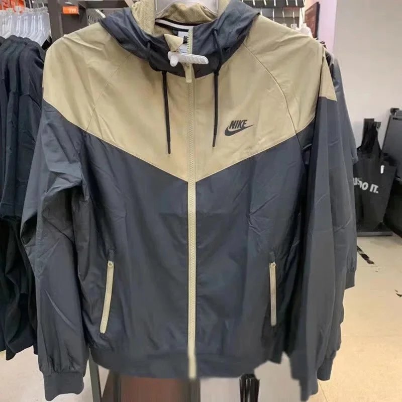 Nike Jackets Hooded color-block windbreaker — Khaki-gray double layer upgrade