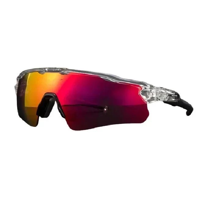 Unbranded Eyewear Wraparound shield sports sunglasses — Transparent frame, black logo, black foot sleeves, magenta lenses