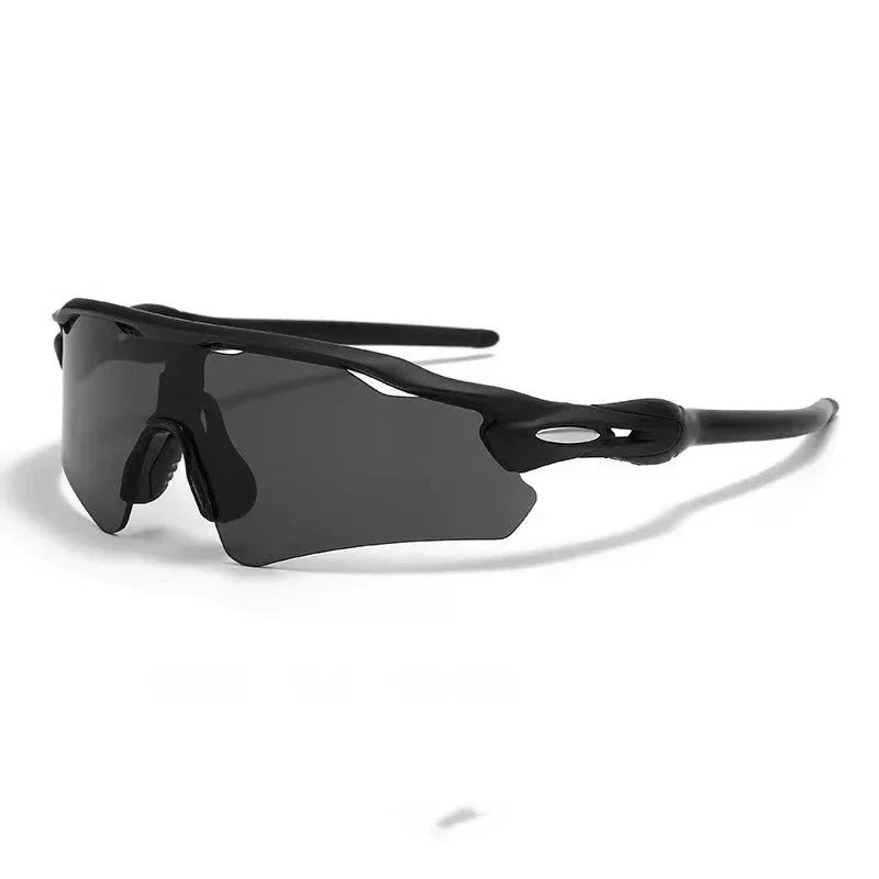 Unbranded Eyewear Wraparound shield sports sunglasses — Black frame, black foot wraps, silver logo, gray lenses