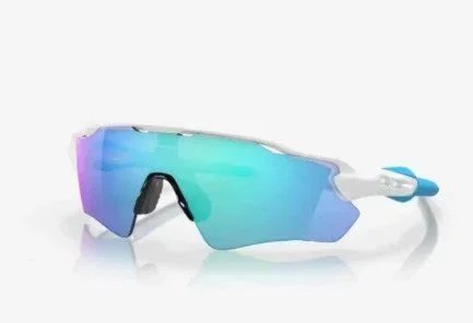 Unbranded Eyewear Wraparound shield sports sunglasses — White-frame blue foot cover, blue logo, ice-blue lens