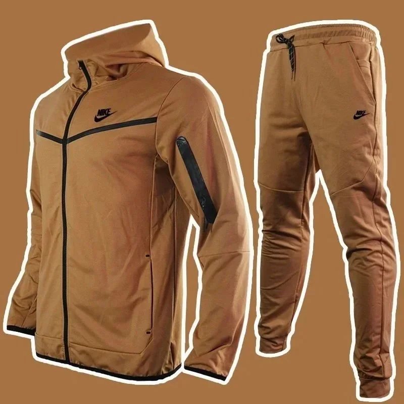 Nike Tracksuits Hooded Zip Jacket and Jogger Set — Light Brown-Black Label