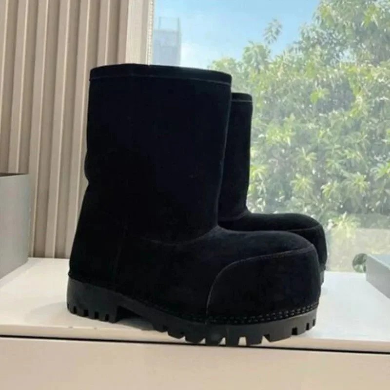 Unbranded Boots Faux Fur-Lined Mid-Calf Lug Sole — black plush tube