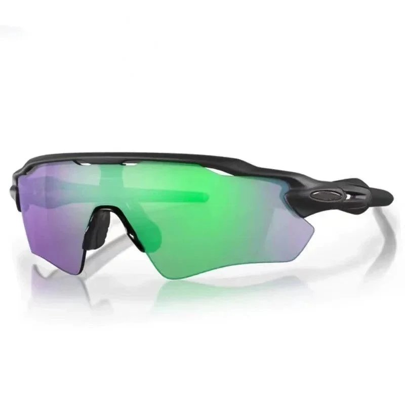 Unbranded Eyewear Wraparound shield sports sunglasses — Black frame, silver logo, black foot sleeves, green lenses