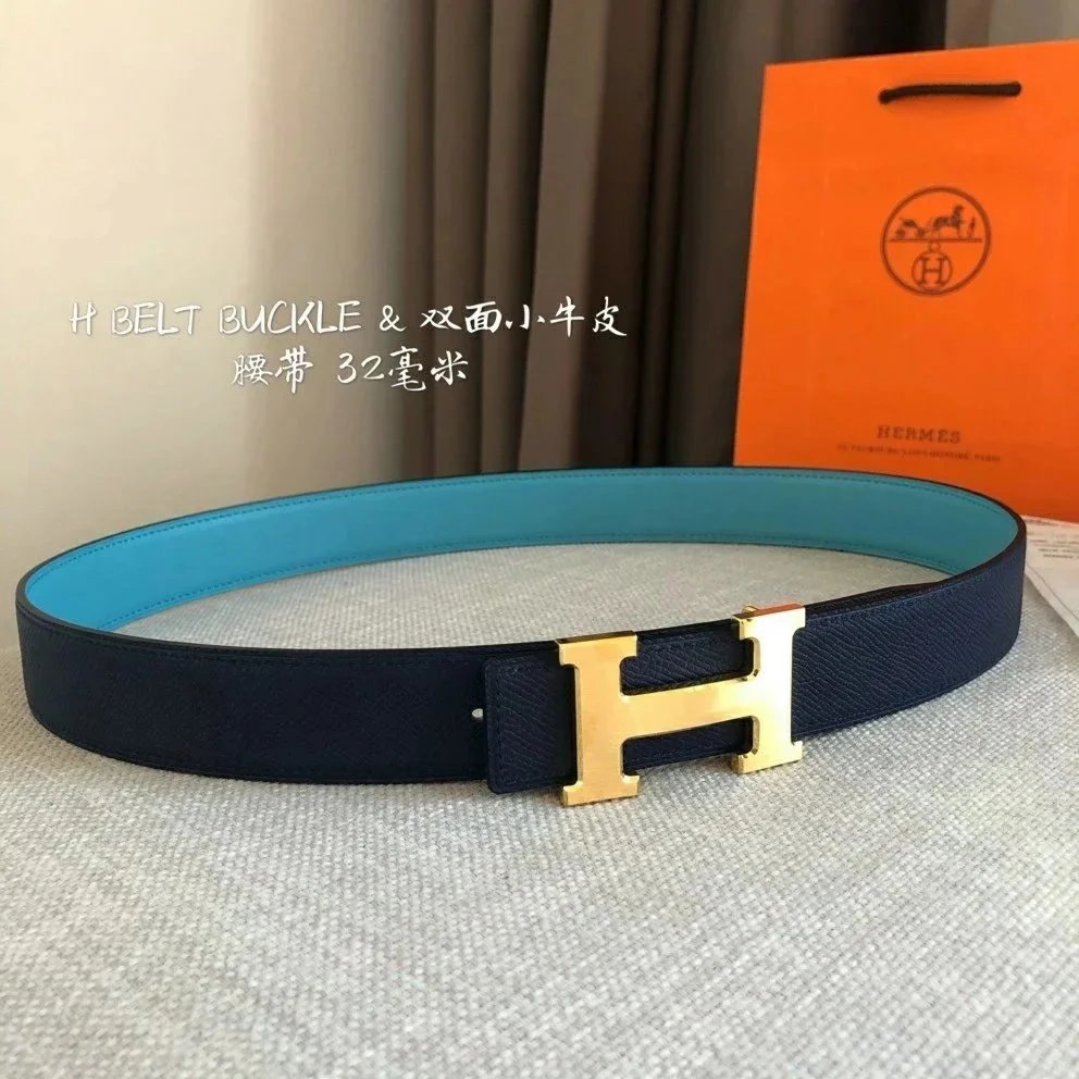 Hermès Belts Reversible 32 mm leather belt with H buckle — Blue wire-drawn gold buckle (take notes on waist circumference or height and weight)