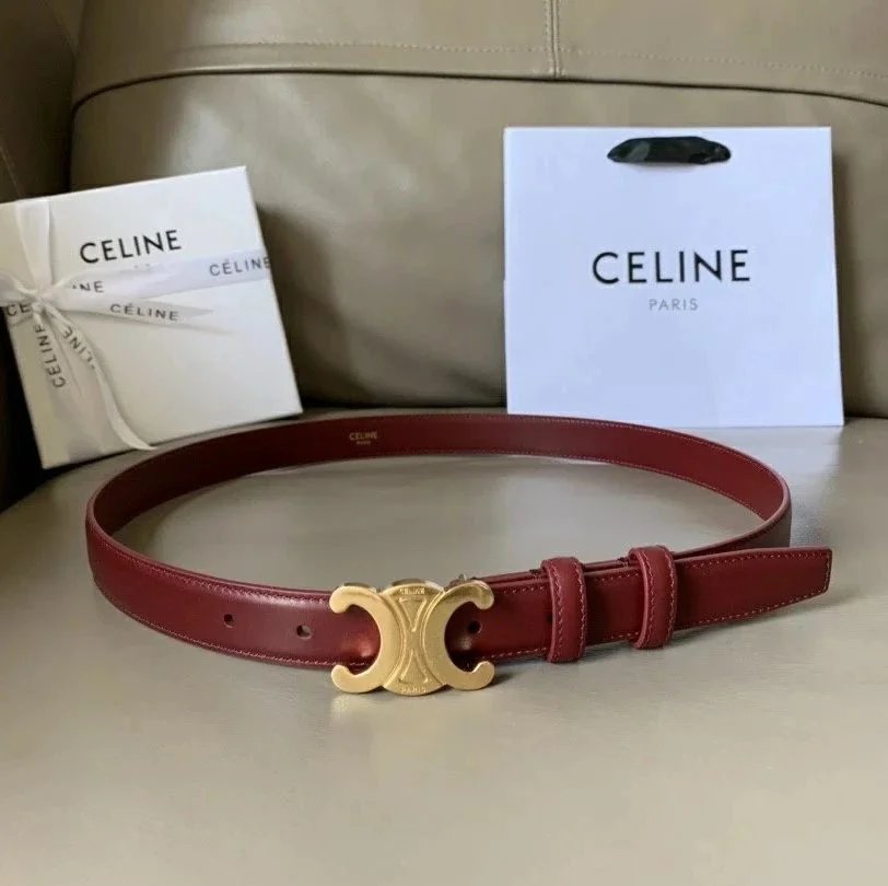 CELINE Belts Triomphe buckle belt — Wine red retro gold buckle(2.5 Wide)