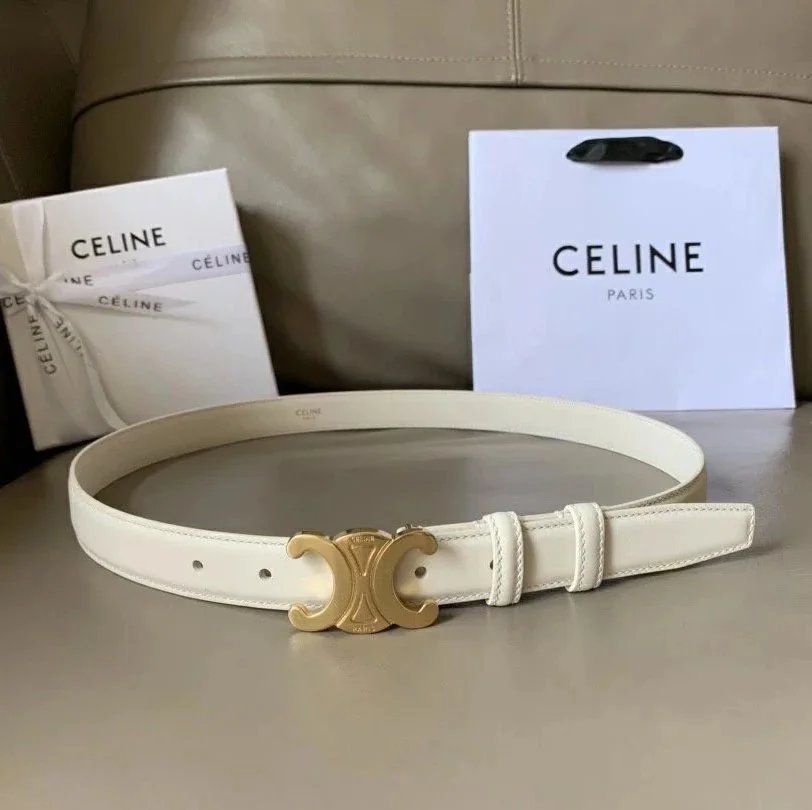 CELINE Belts Triomphe buckle belt — White retro gold buckle(2.5 Wide)