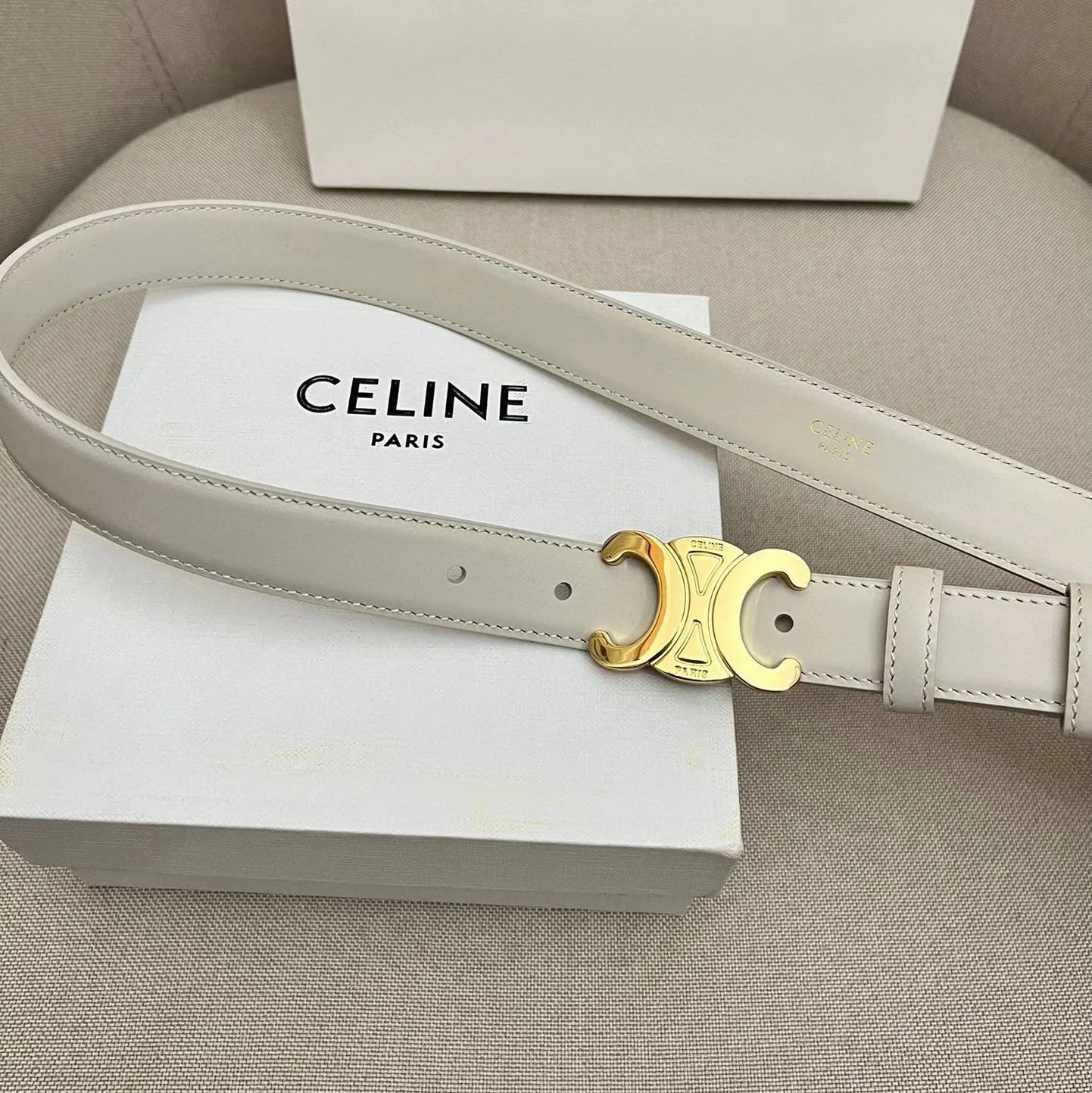 CELINE Belts Triomphe buckle belt — White bright gold buckle(2.5 Wide)