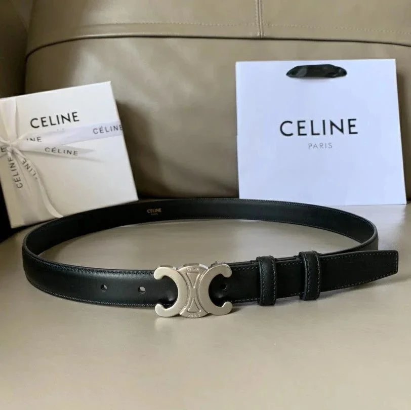 CELINE Belts Triomphe buckle belt — Black retro silver buckle(2.5 Wide)