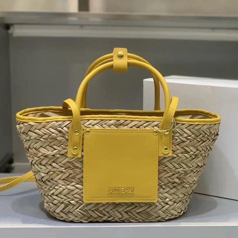 Jacquemus Handbags Woven Straw Basket Handbag with Leather Trim — Yellow
