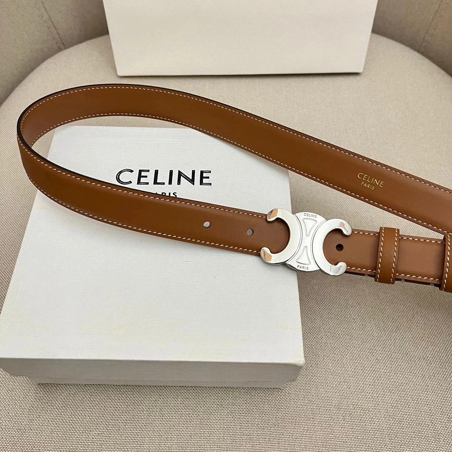 CELINE Belts Triomphe buckle belt — earthy yellow bright silver buckle(2.5 Wide)