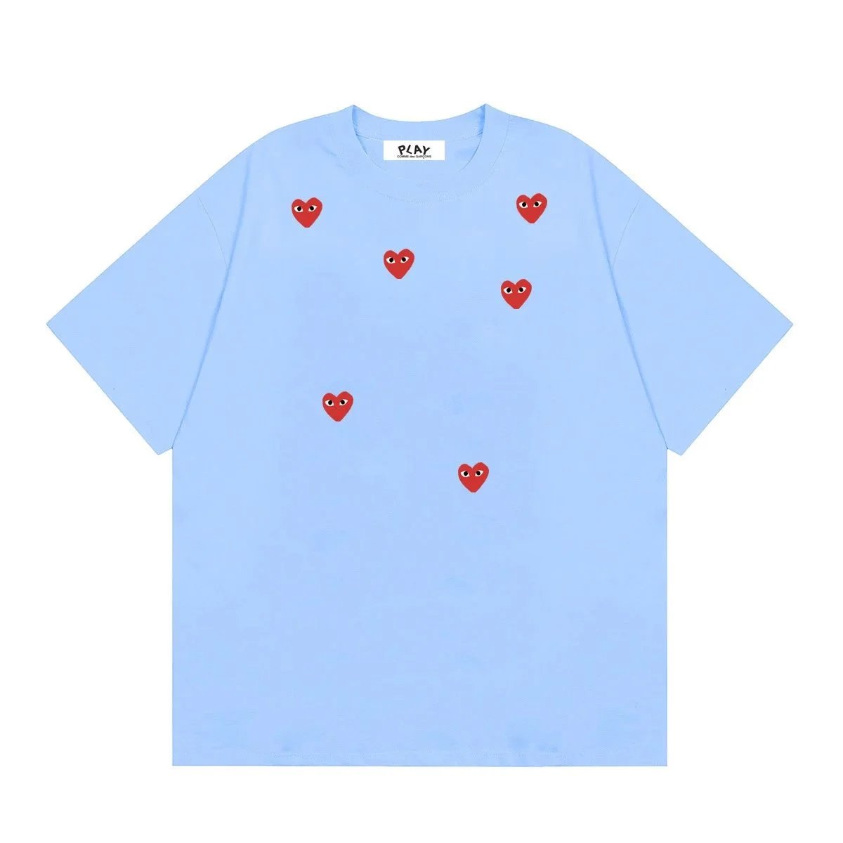Comme des Garçons PLAY T-Shirts Short-Sleeve T-Shirt with Heart-Eyes Graphic Print — 01 Sky Blue