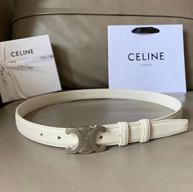 CELINE Belts Triomphe buckle belt — White retro silver buckle(2.5 Wide)