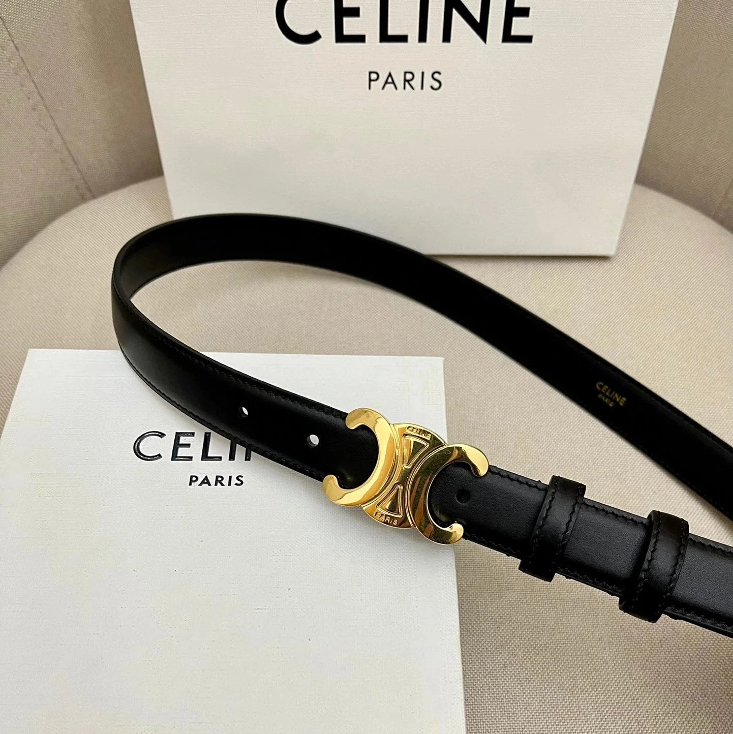 CELINE Belts Triomphe buckle belt — Black bright gold buckle(2.5 Wide)