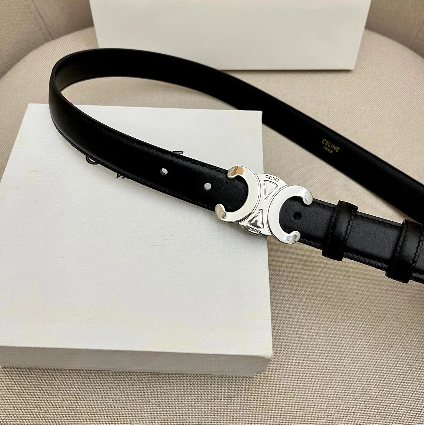 CELINE Belts Triomphe buckle belt — Bright black silver buckle(2.5 Wide)