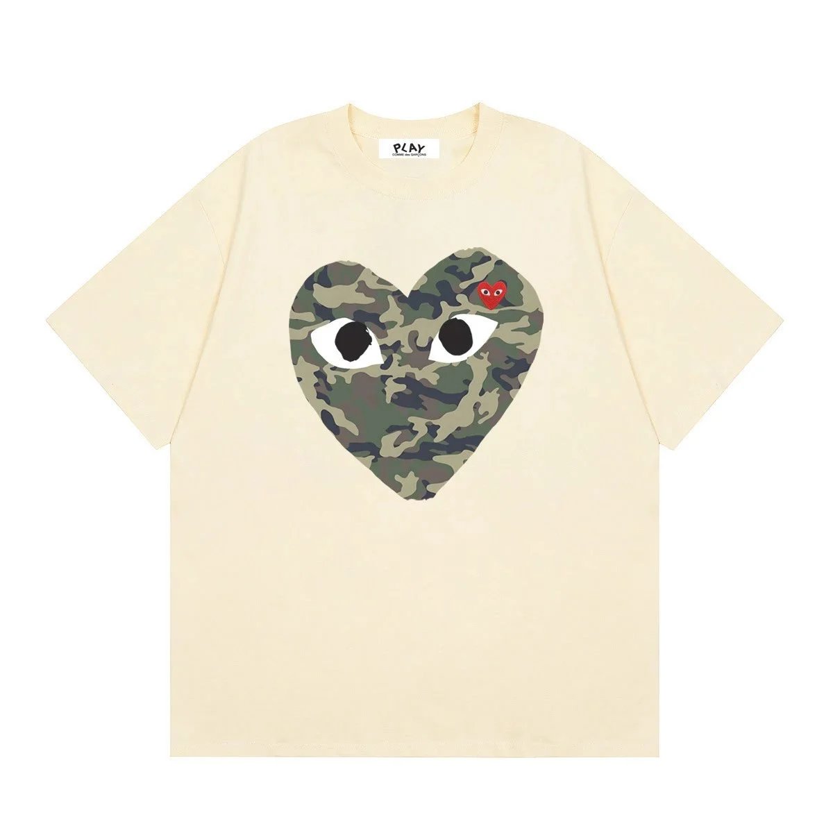 Comme des Garçons PLAY T-Shirts Short-Sleeve T-Shirt with Heart-Eyes Graphic Print — 11 Apricot color