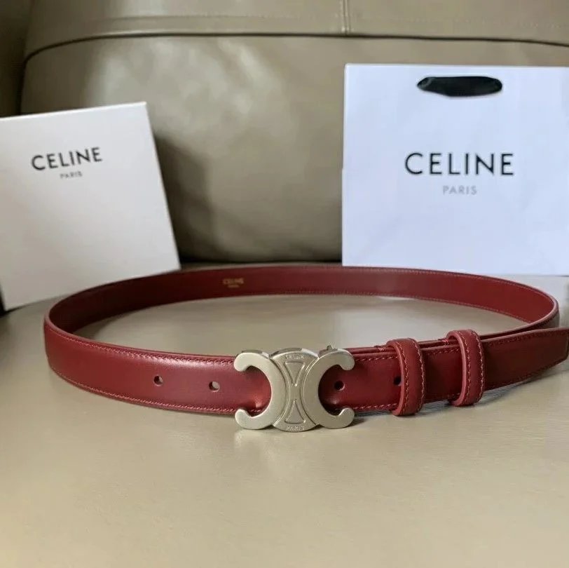 CELINE Belts Triomphe buckle belt — Wine red retro silver buckle(2.5 Wide)