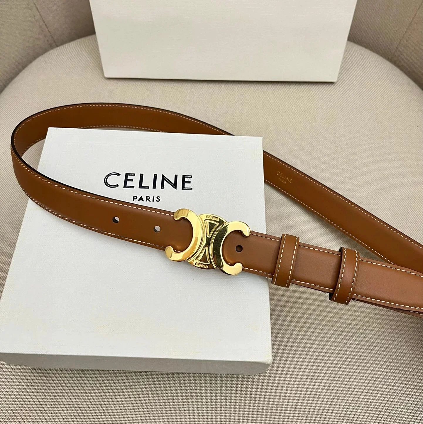 CELINE Belts Triomphe buckle belt — Yellow bright gold buckle(2.5 Wide)