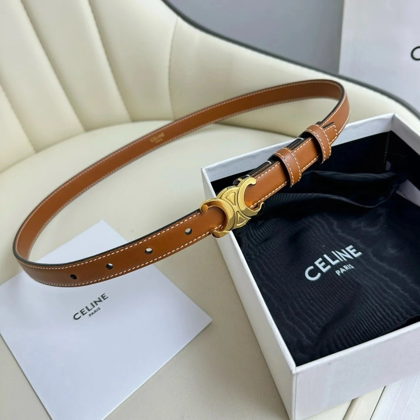 CELINE Belts Triomphe buckle belt — earthy yellow bright gold(1.8 cm Wide)