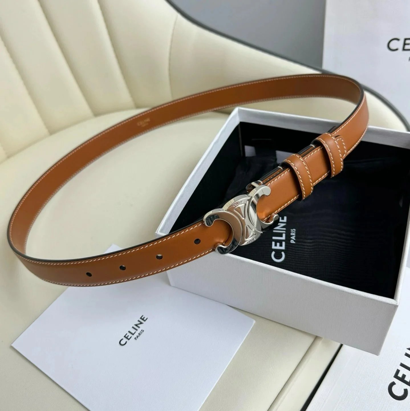 CELINE Belts Triomphe buckle belt — yellow bright silver(1.8 cm Wide)