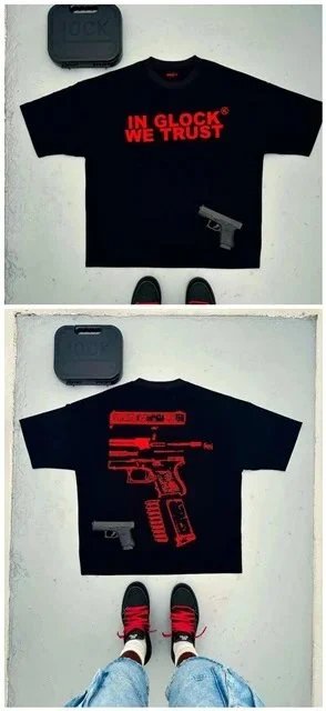 Glock T-Shirts Short-Sleeve Graphic T-Shirt with "IN WE TRUST" and Pistol Print — 【180 Ke】-X 1 Red Letters (Black)
