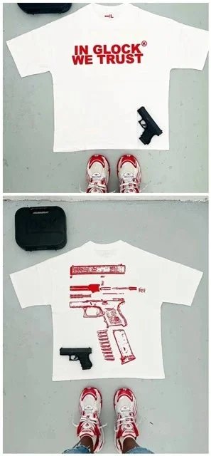 Glock T-Shirts Short-Sleeve Graphic T-Shirt with "IN WE TRUST" and Pistol Print — 【180 Ke】-X 1 Red Letters (White)