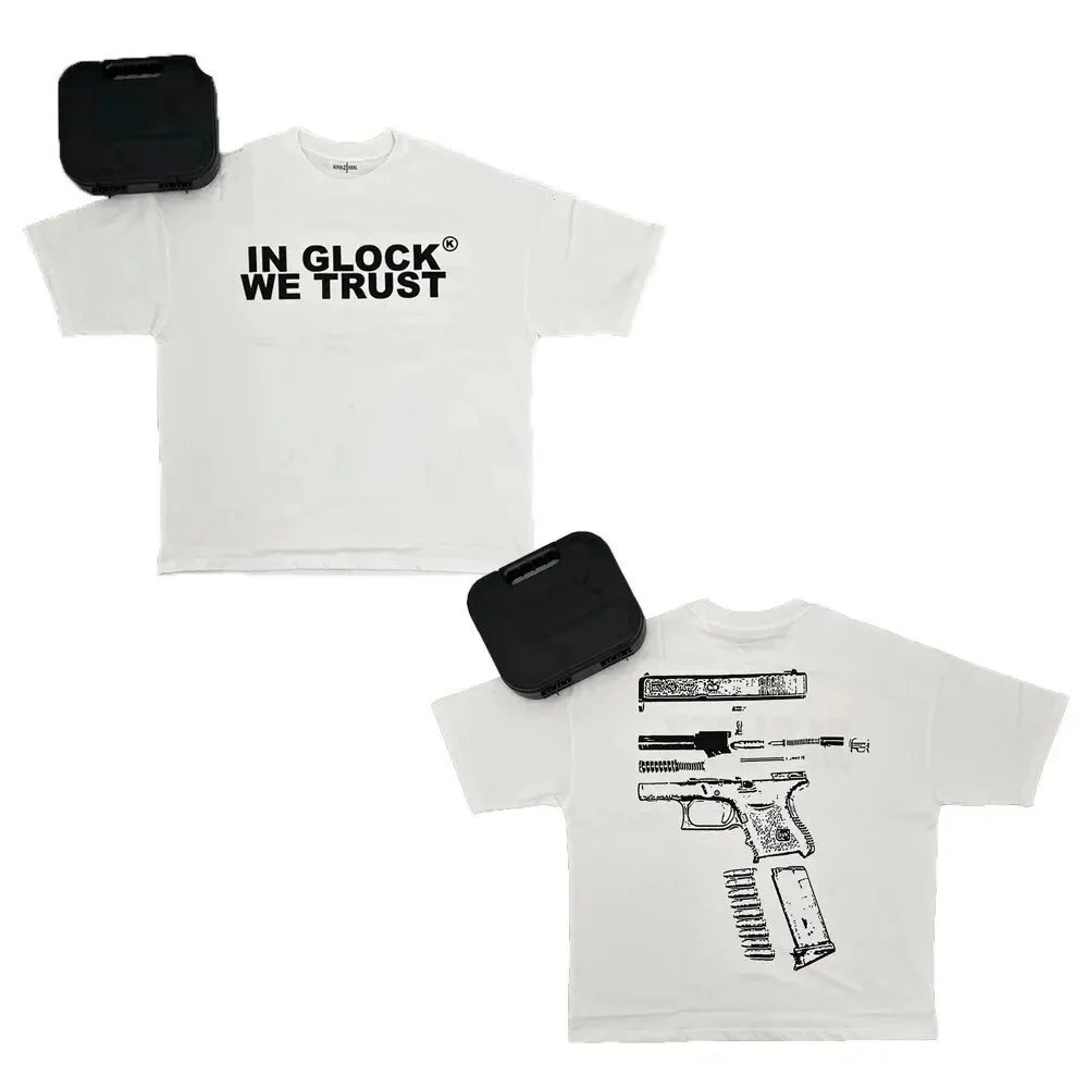 Glock T-Shirts Short-Sleeve Graphic T-Shirt with "IN WE TRUST" and Pistol Print — 【180 Ke】-X 1 Black Letters (White)