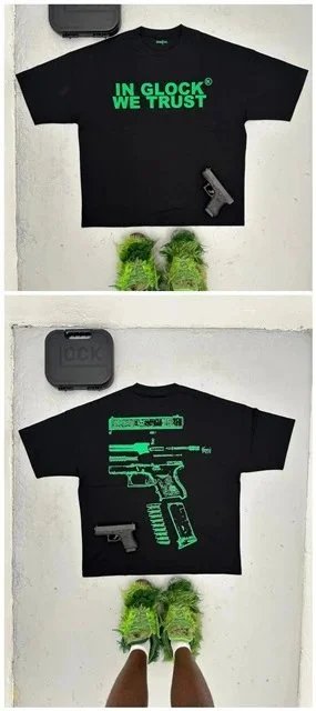 Glock T-Shirts Short-Sleeve Graphic T-Shirt with "IN WE TRUST" and Pistol Print — 【180 Ke】-X 1 Green Letters (Black)