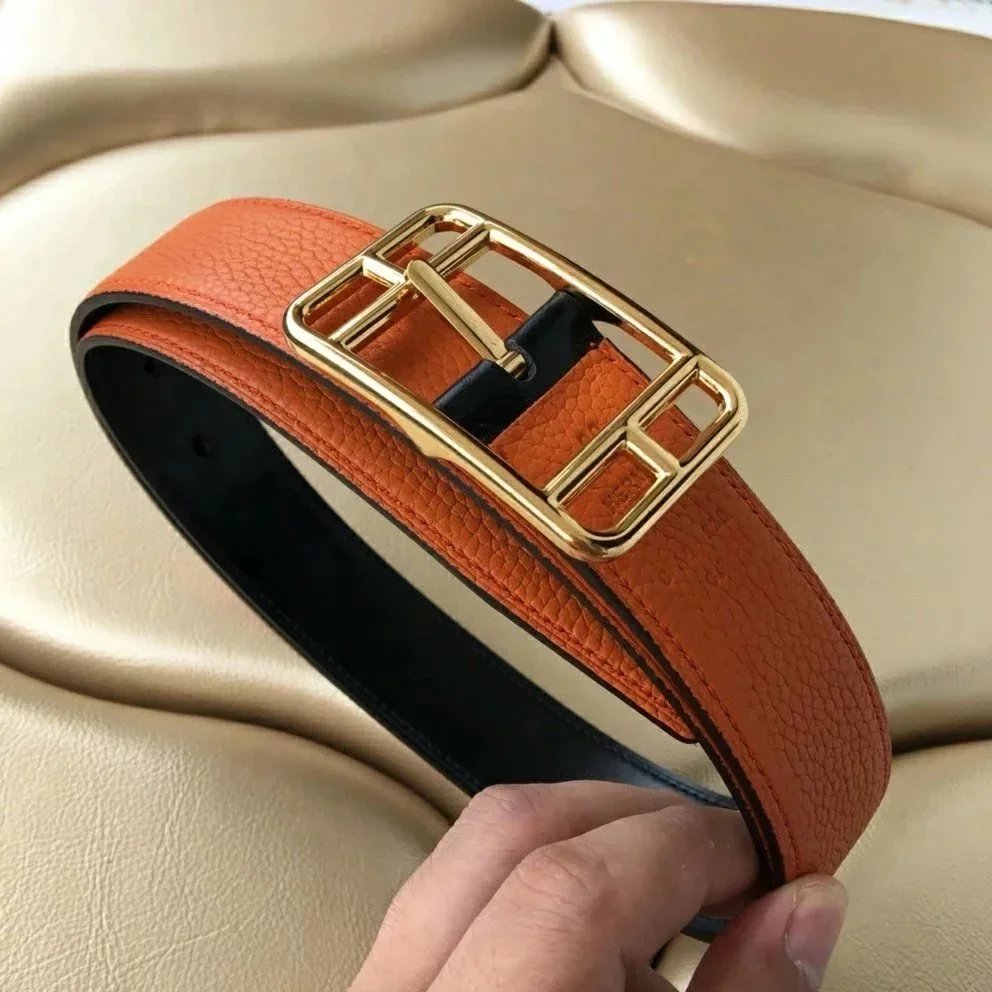 Unbranded Belts Pebbled Leather Pin Buckle Belt — Orange with gold buckle (please note your waist size or height and weight when placing your order))