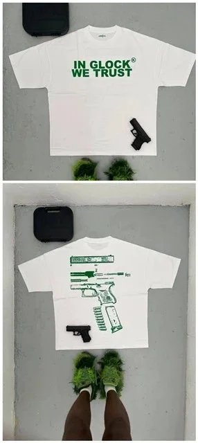 Glock T-Shirts Short-Sleeve Graphic T-Shirt with "IN WE TRUST" and Pistol Print — 【180 Ke】-X 1 Green Letters (White)