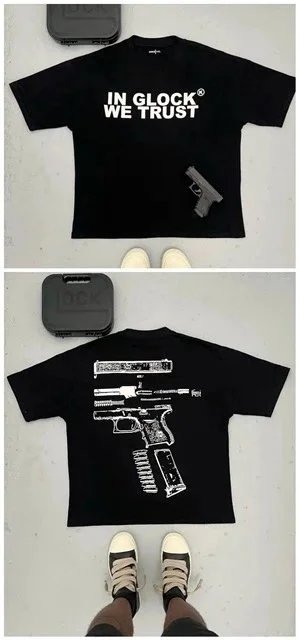 Glock T-Shirts Short-Sleeve Graphic T-Shirt with "IN WE TRUST" and Pistol Print — 【180 Ke】-X 1 White Letters (Black)