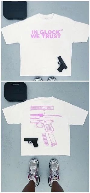 Glock T-Shirts Short-Sleeve Graphic T-Shirt with "IN WE TRUST" and Pistol Print — 【180 Ke】-X 1 purple letters (white)