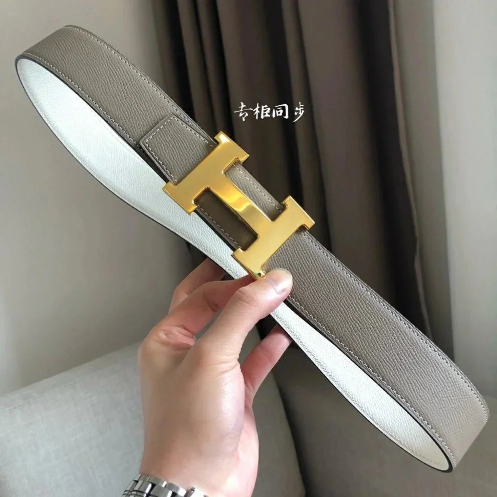 Hermès Belts 38 mm Reversible Leather H-Buckle Belt — Elephant gray gold buckle (take notes on waist circumference or height and weight)