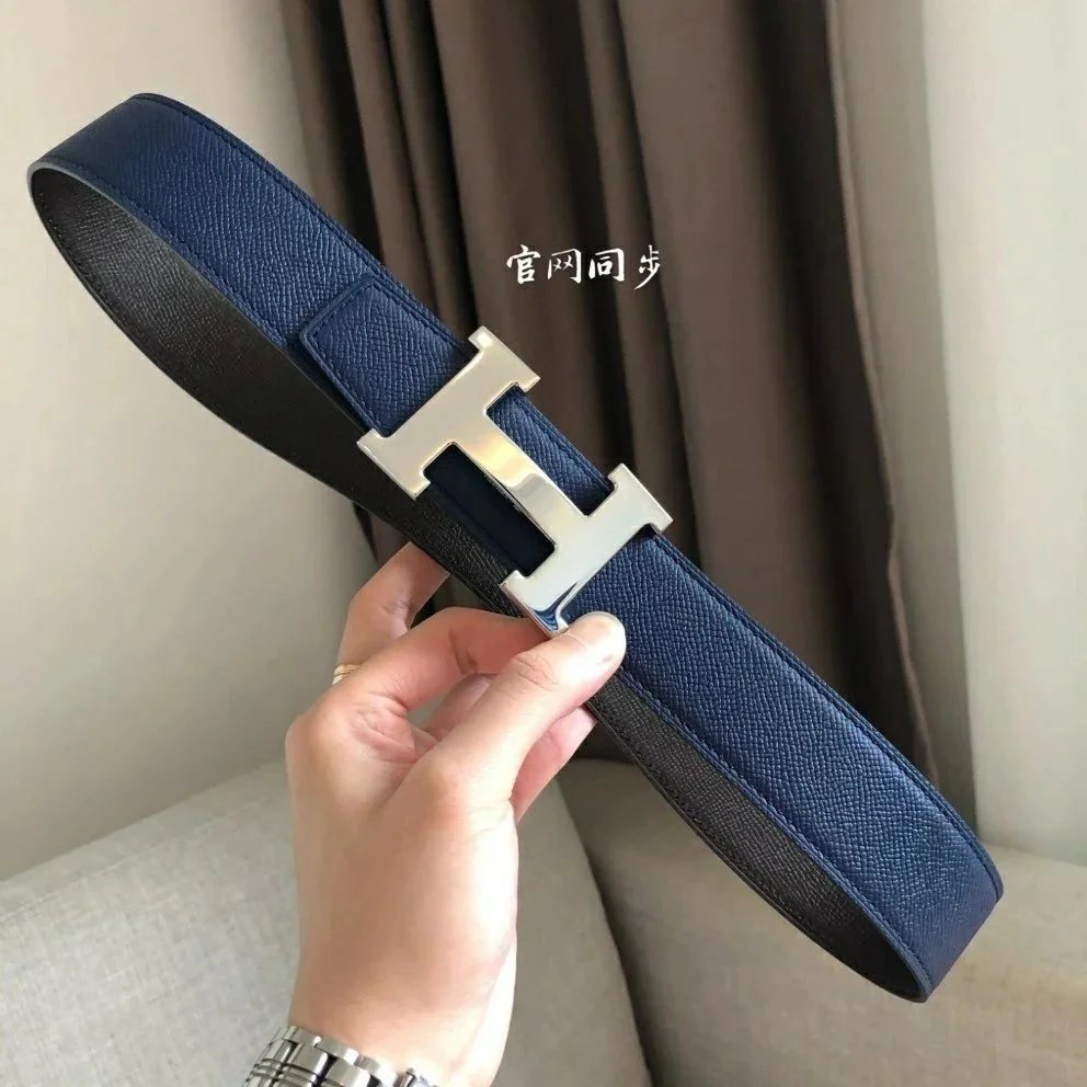 Hermès Belts 38 mm Reversible Leather H-Buckle Belt — Blue silver buckle (take notes on waist circumference or height and weight)
