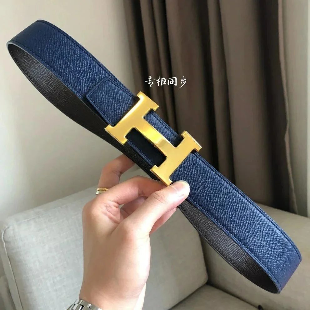 Hermès Belts 38 mm Reversible Leather H-Buckle Belt — Blue with gold buckle (please note your waist size or height and weight when placing your order)