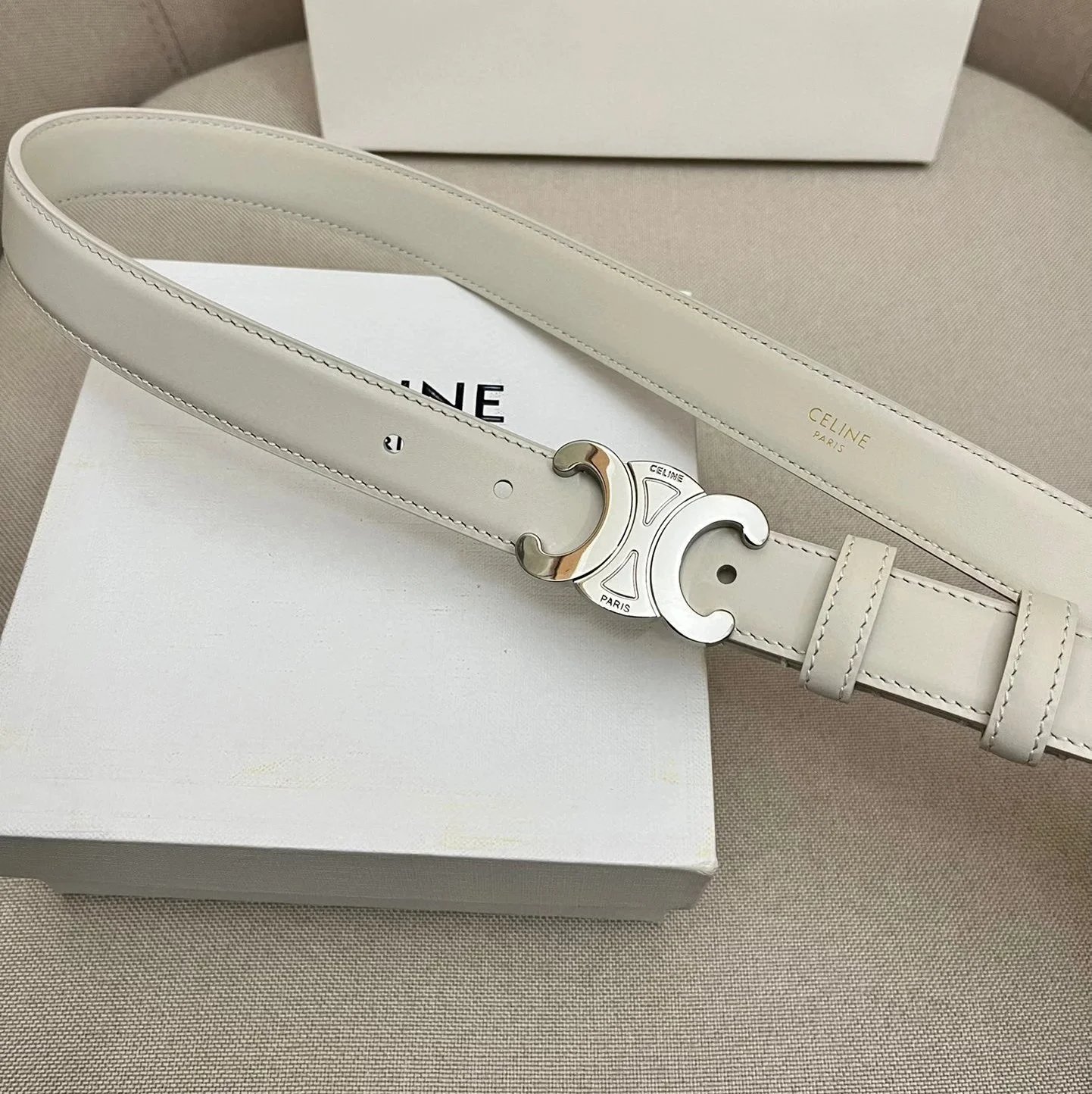 CELINE Belts Triomphe buckle belt — White glossy silver buckle(2.5 Wide)