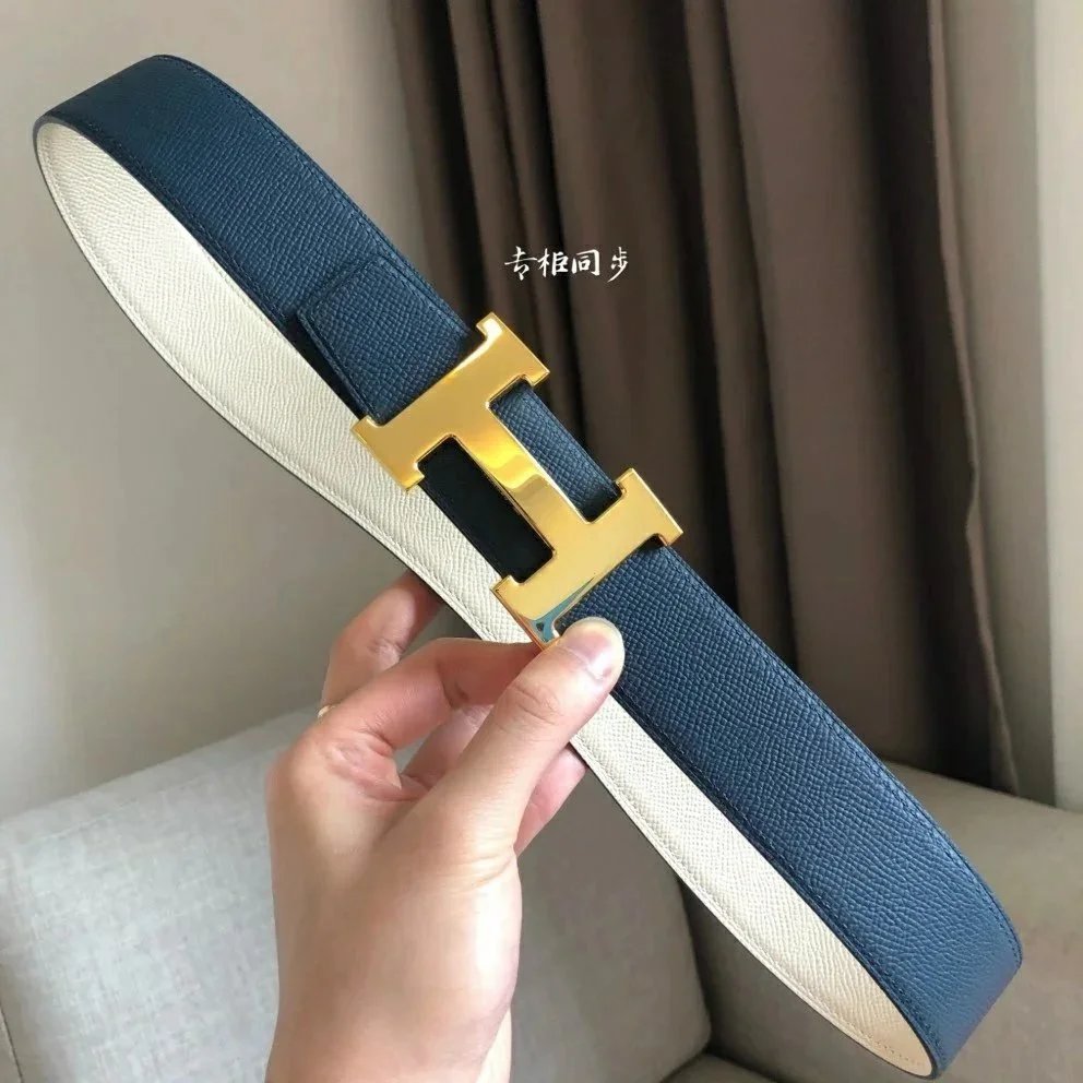 Hermès Belts 38 mm Reversible Leather H-Buckle Belt — Blue Platinum Button (Take notes on waist circumference or height and weight)