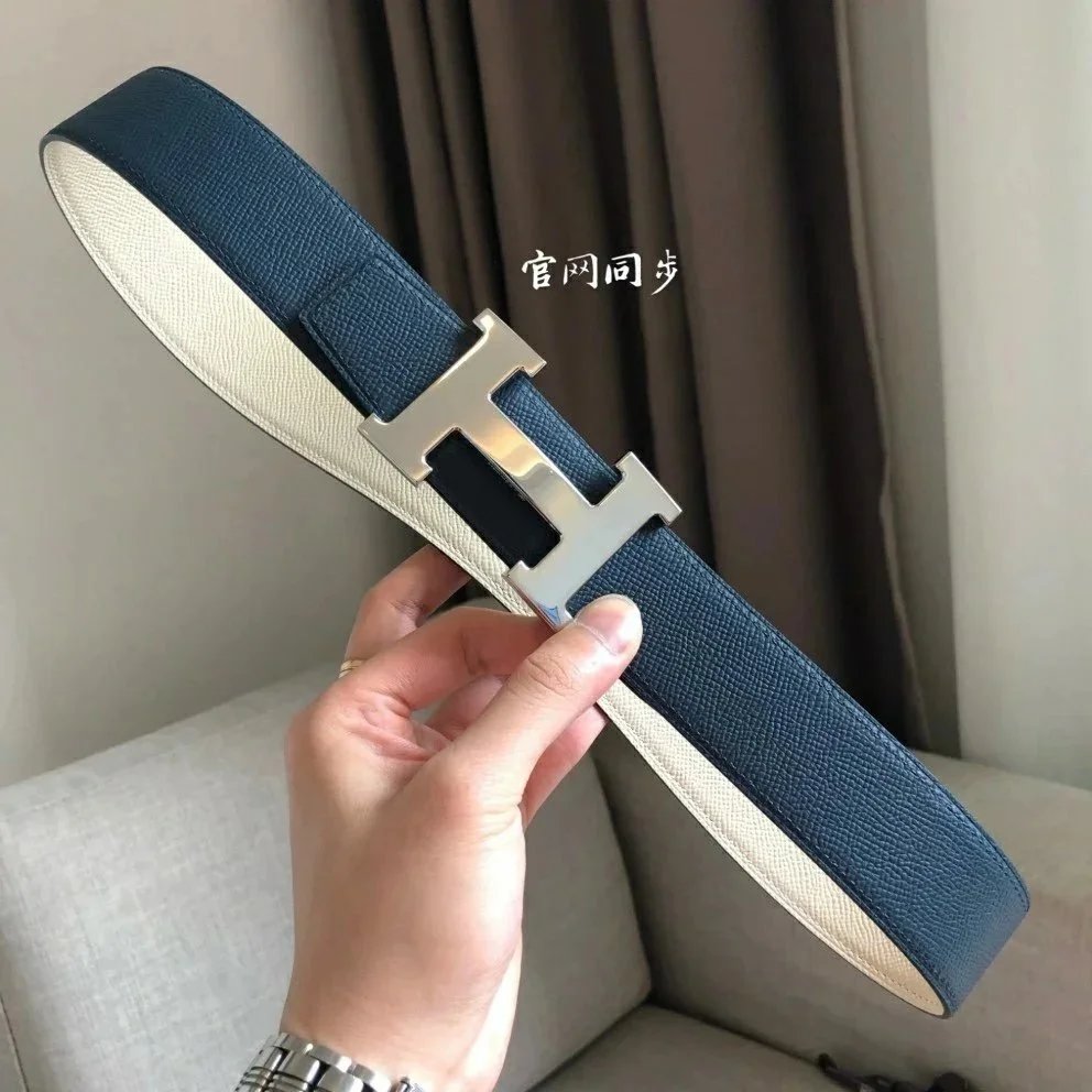 Hermès Belts 38 mm Reversible Leather H-Buckle Belt — Blue, white and silver buckle (take notes on waist circumference or height and weight)