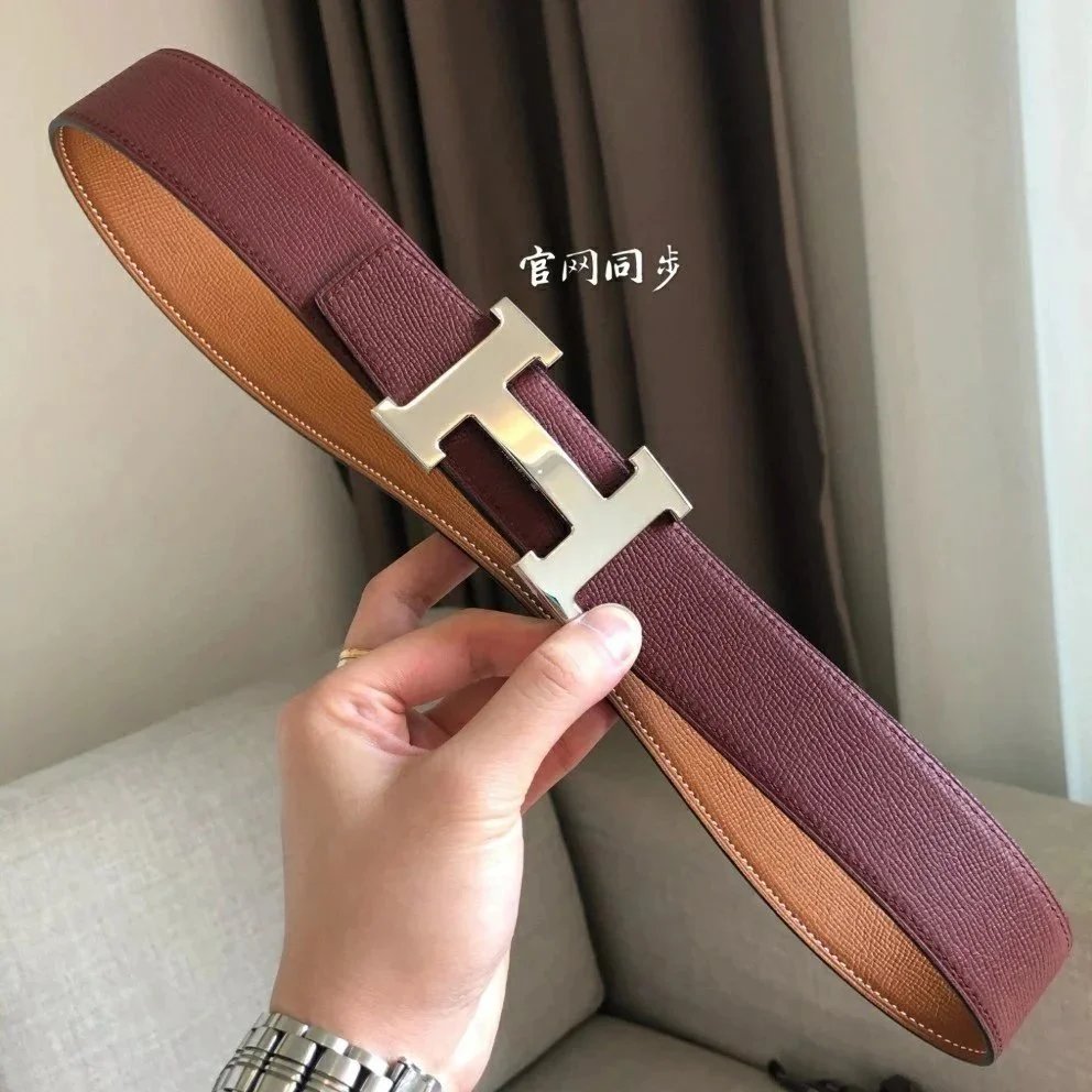Hermès Belts 38 mm Reversible Leather H-Buckle Belt — Wine red silver buckle (take notes on waist circumference or height and weight)
