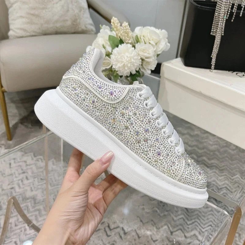 Unbranded Sneakers Low-top crystal-embellished lace-up with thick sole — White half-diamond