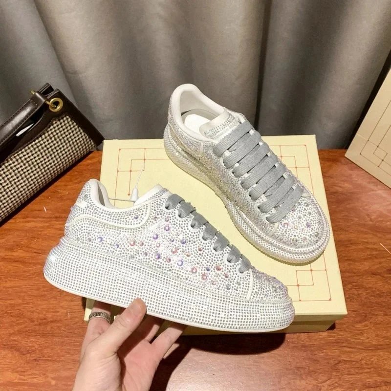 Unbranded Sneakers Low-top crystal-embellished lace-up with thick sole — White, fully diamond-studded