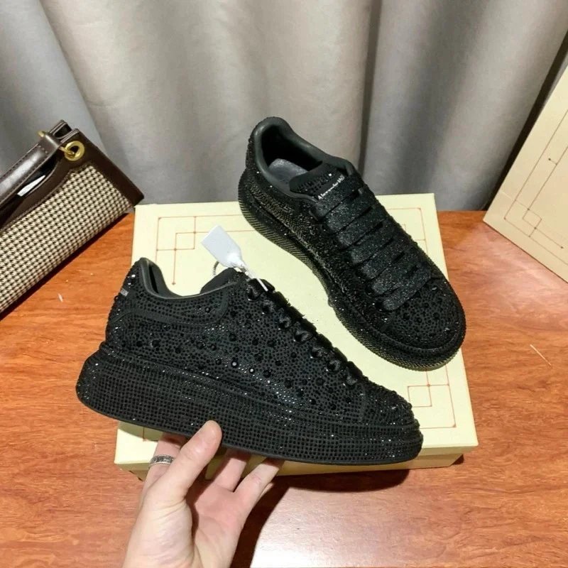 Unbranded Sneakers Low-top crystal-embellished lace-up with thick sole — Black with full diamonds