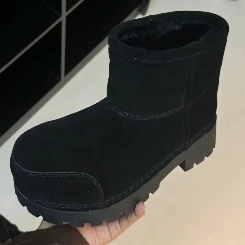 Unbranded Boots Faux Fur-Lined Mid-Calf Lug Sole — Black low-barrel wool