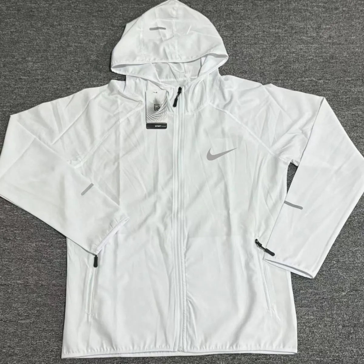 Nike Jackets Hooded reflective fleece-lined zip jacket — White trench coat, single-breasted